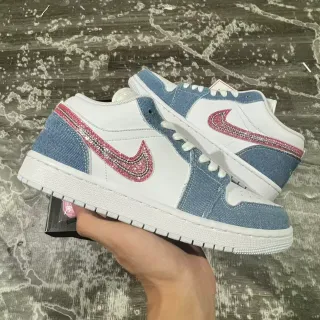 Nike Air Jordan 1 Low Denim Glitter Swoosh Lifestyle Sneakers