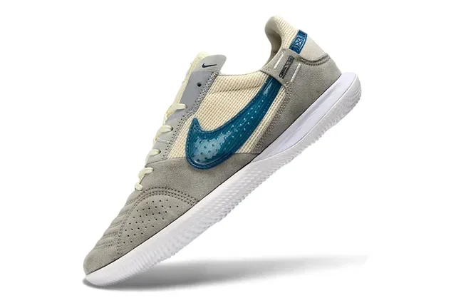 Nike Beige Blue Low-Top Indoor Court Silhouette Perforated Suede Toe Box Sneakers 3