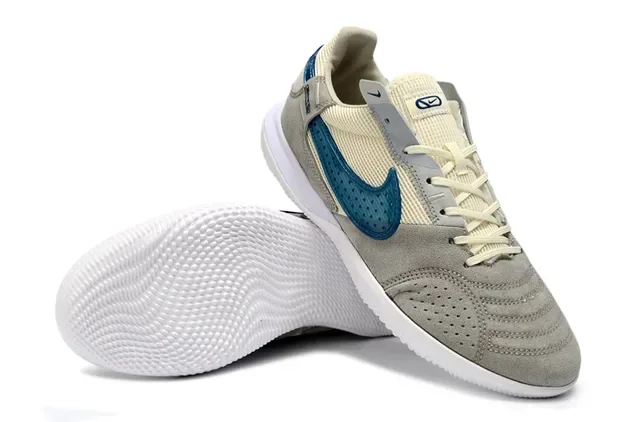 Nike Beige Blue Low-Top Indoor Court Silhouette Perforated Suede Toe Box Sneakers 4