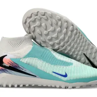 Nike Zapatillas de Fútbol para Césped Azul Blanco Ajuste Tubo Upper Flyknit Perfil Bajo Studs