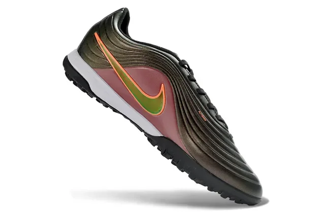 Nike Sapatos de Futebol Turf Borgonha Laranja Superior Sintético Ribeteado Acabamento Gradiente Metálico 11