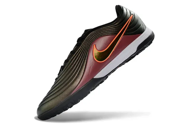 Nike Sapatos de Futebol Turf Borgonha Laranja Superior Sintético Ribeteado Acabamento Gradiente Metálico 12