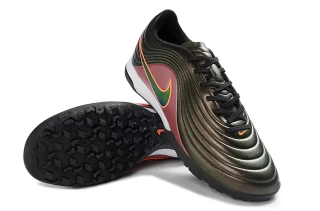 Nike Sapatos de Futebol Turf Borgonha Laranja Superior Sintético Ribeteado Acabamento Gradiente Metálico 13