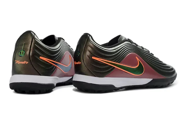 Nike Sapatos de Futebol Turf Borgonha Laranja Superior Sintético Ribeteado Acabamento Gradiente Metálico 15