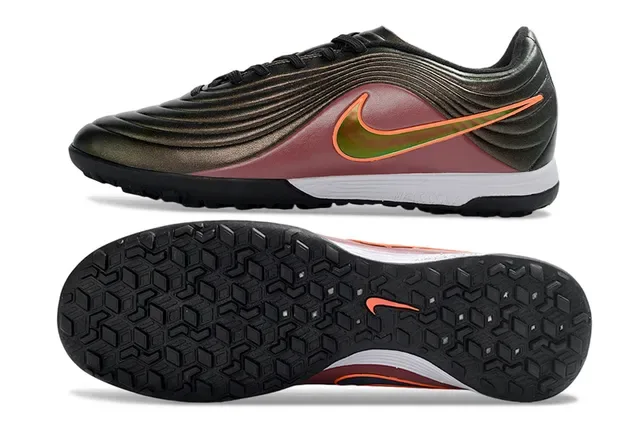 Nike Sapatos de Futebol Turf Borgonha Laranja Superior Sintético Ribeteado Acabamento Gradiente Metálico 16