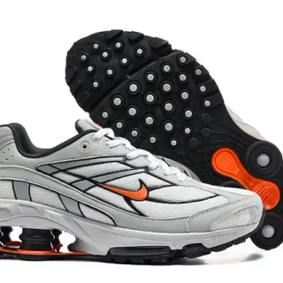 Nike Gray Orange Shox Column Cushioning Layered Synthetic Cage Lifestyle Sneakers