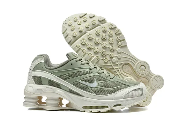 Nike Gray Orange Shox Column Cushioning Layered Synthetic Cage Lifestyle Sneakers 4