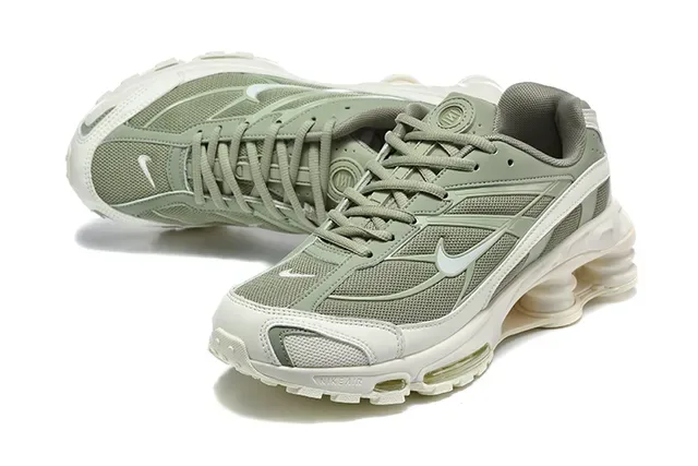 Nike Gray Orange Shox Column Cushioning Layered Synthetic Cage Lifestyle Sneakers 5