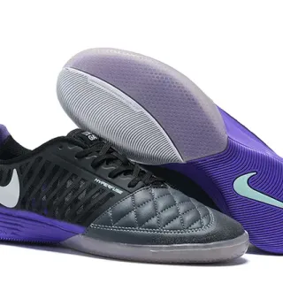 Nike Lunar Gato 黑色紫色绗缝脚趾帽 穿孔合成笼 室内足球鞋