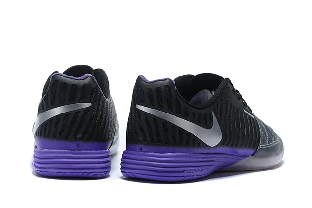 Nike Lunar Gato أسود بنفسجي قبعة الإصبع المخملة مثقوبة قفص صناعي أحذية كرة قدم داخلية 2