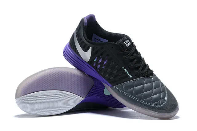 Nike Lunar Gato أسود بنفسجي قبعة الإصبع المخملة مثقوبة قفص صناعي أحذية كرة قدم داخلية 3