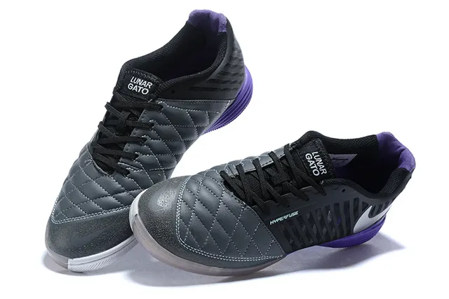 Nike Lunar Gato أسود بنفسجي قبعة الإصبع المخملة مثقوبة قفص صناعي أحذية كرة قدم داخلية 4