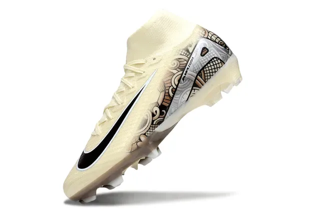 Nike Mercurial Bege Preto Bico Alto Colar de Tornozelo Sola Translucida Solo Firme Sapatos de Futebol 2