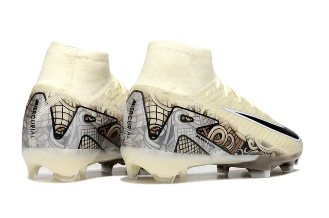 Nike Mercurial Bege Preto Bico Alto Colar de Tornozelo Sola Translucida Solo Firme Sapatos de Futebol 4