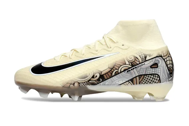 Nike Mercurial Bege Preto Bico Alto Colar de Tornozelo Sola Translucida Solo Firme Sapatos de Futebol 5