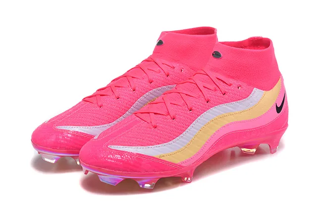 Nike Pink Gold High-Cut Knit Upper Iridescent Translucent Sole Firm-Ground Soccer Shoes 8