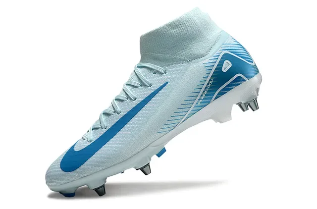 Nike Chaussures de Football Blanc Bleu Haut-Coupé Upper Tricoté Air Zoom Amortissement Sol Ferme 3