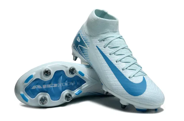 Nike Chaussures de Football Blanc Bleu Haut-Coupé Upper Tricoté Air Zoom Amortissement Sol Ferme 4
