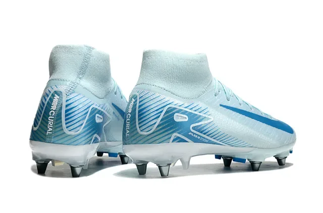 Nike Chaussures de Football Blanc Bleu Haut-Coupé Upper Tricoté Air Zoom Amortissement Sol Ferme 5