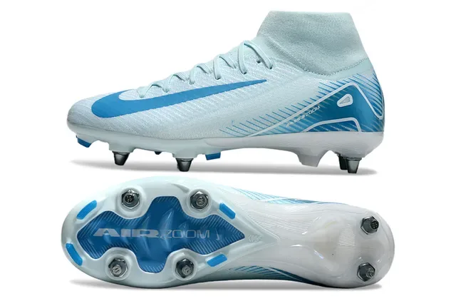 Nike Chaussures de Football Blanc Bleu Haut-Coupé Upper Tricoté Air Zoom Amortissement Sol Ferme 6
