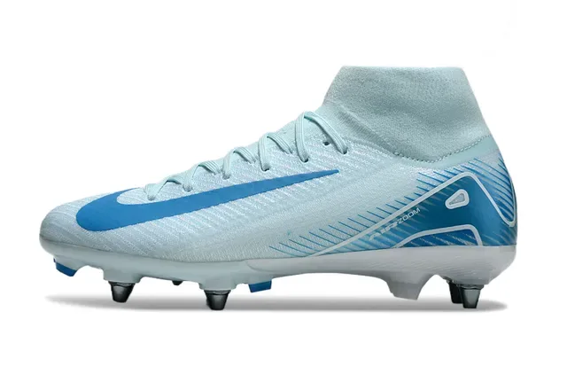 Nike Chaussures de Football Blanc Bleu Haut-Coupé Upper Tricoté Air Zoom Amortissement Sol Ferme 7