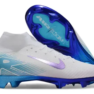 Nike White Blue High-Cut Sock-Fit Collar Iridescent Purple Swoosh Firm-Ground Soccer Shoes