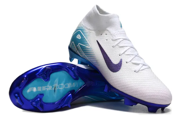 Nike White Blue High-Cut Sock-Fit Collar Iridescent Purple Swoosh Firm-Ground Soccer Shoes 3