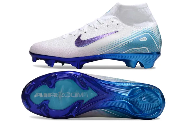 Nike White Blue High-Cut Sock-Fit Collar Iridescent Purple Swoosh Firm-Ground Soccer Shoes 5
