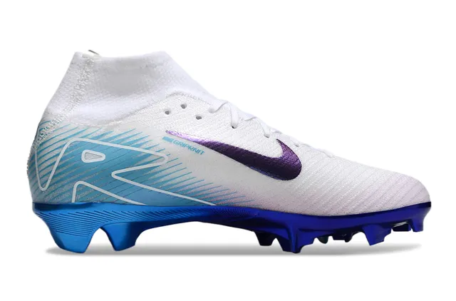 Nike White Blue High-Cut Sock-Fit Collar Iridescent Purple Swoosh Firm-Ground Soccer Shoes 7