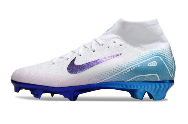 Nike White Blue High-Cut Sock-Fit Collar Iridescent Purple Swoosh Firm-Ground Soccer Shoes 8