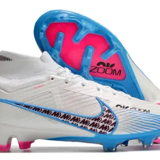 Nike White Blue High-Cut Sock-Fit Collar Textured Synthetic Upper Firm-Ground Soccer Shoes