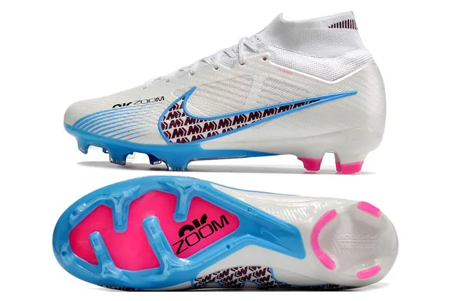Nike White Blue High-Cut Sock-Fit Collar Textured Synthetic Upper Firm-Ground Soccer Shoes 2
