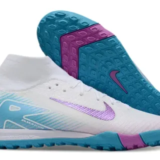 Nike Sapatos de futebol turf branco e azul com upper de knit, gola alta