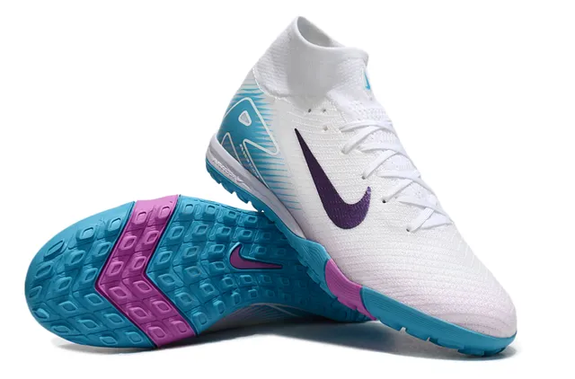 Nike White Blue Knit Upper High-Top Collar Turf Soccer Shoes 3