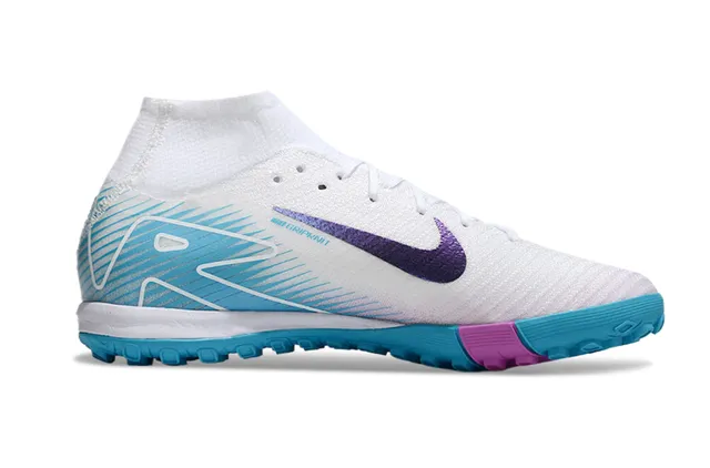 Nike White Blue Knit Upper High-Top Collar Turf Soccer Shoes 7