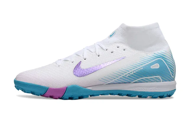 Nike White Blue Knit Upper High-Top Collar Turf Soccer Shoes 8
