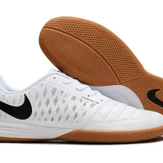 Nike White Brown Engineered Mesh Upper Black Swoosh Branding Indoor Soccer Shoes
