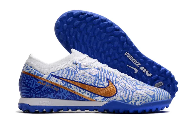 Nike Chaussures de football Turf avec upper Flyknit blanc et violet, overlay géométrique orange 4