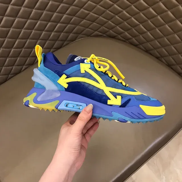 Off-White Air Unit سنيكرز كانكي بالأزرق والأصفر مع نقشة السهم الشفافة 4