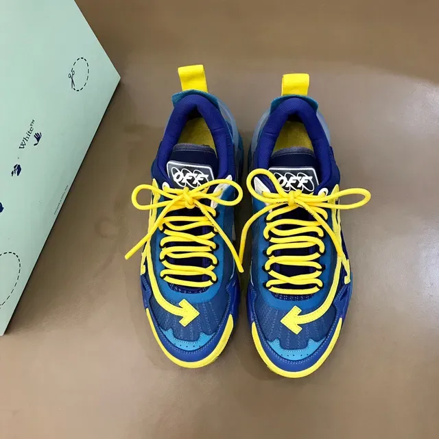 Off-White Air Unit سنيكرز كانكي بالأزرق والأصفر مع نقشة السهم الشفافة 8