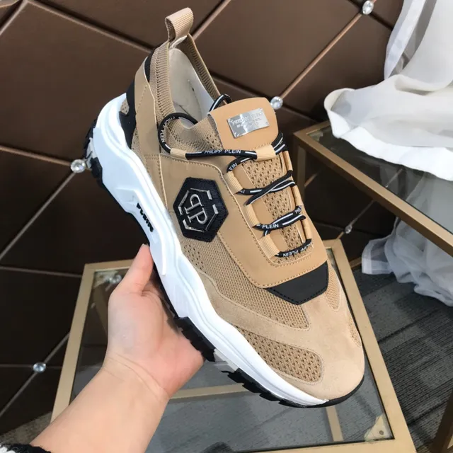 Philipp Plein Chaussures chunky beige semelle noire en maillage et daim 2