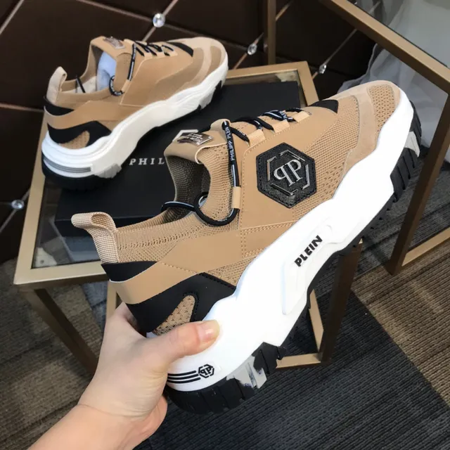 Philipp Plein Chaussures chunky beige semelle noire en maillage et daim 5