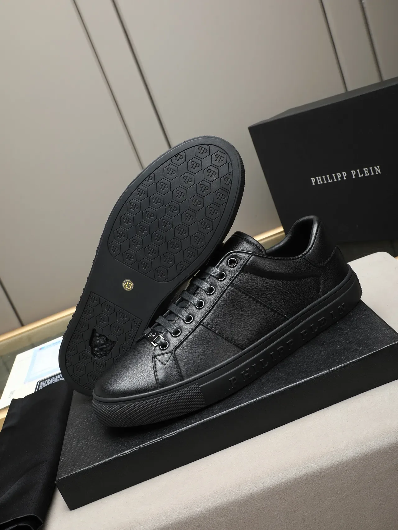 Philipp Plein Black Full-Grain Leather Upper Embossed Sole Branding Lifestyle Sneakers 4