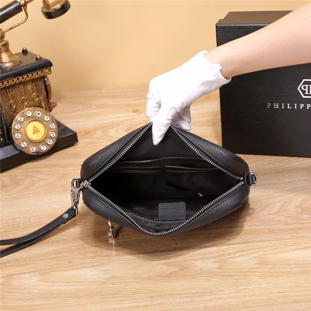 Philipp Plein Black Silver Textured Pebbled Leather Hexagonal PP Logo Plaque Messenger Bag 4