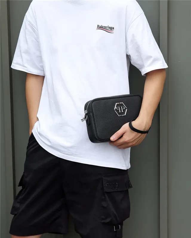Philipp Plein Black Silver Textured Pebbled Leather Hexagonal PP Logo Plaque Messenger Bag 8