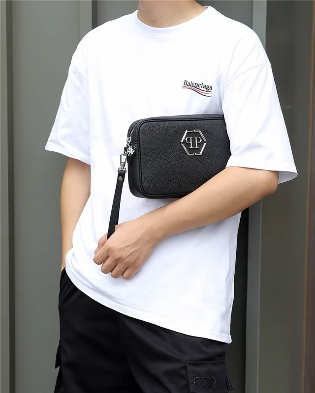 Philipp Plein Black Silver Textured Pebbled Leather Hexagonal PP Logo Plaque Messenger Bag 9