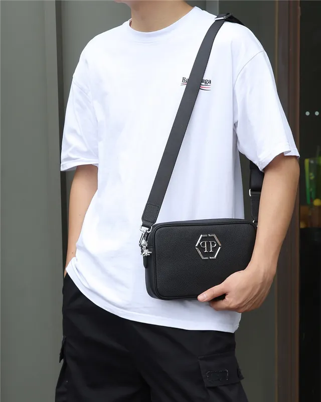 Philipp Plein Black Silver Textured Pebbled Leather Hexagonal PP Logo Plaque Messenger Bag 10