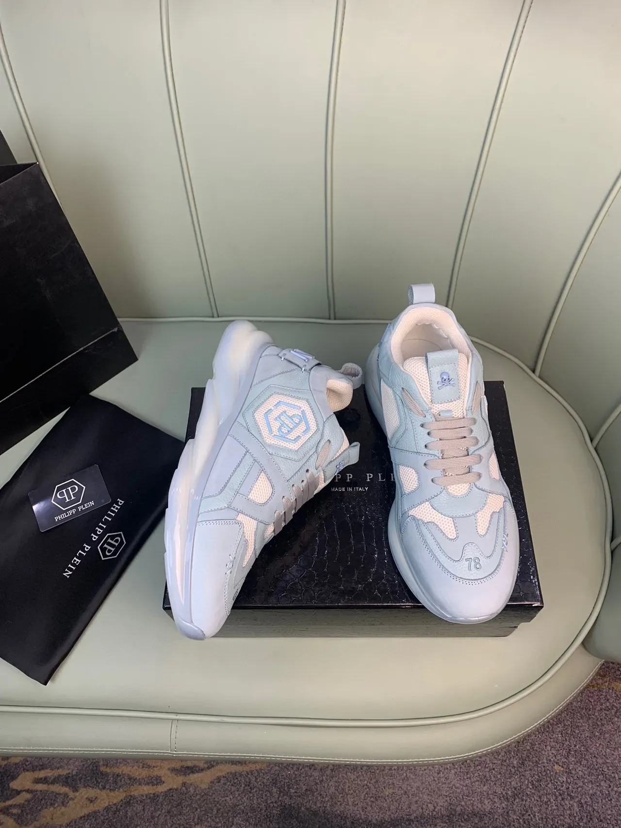 Philipp Plein Embellished Light Blue Leather-Mesh Sneakers 5