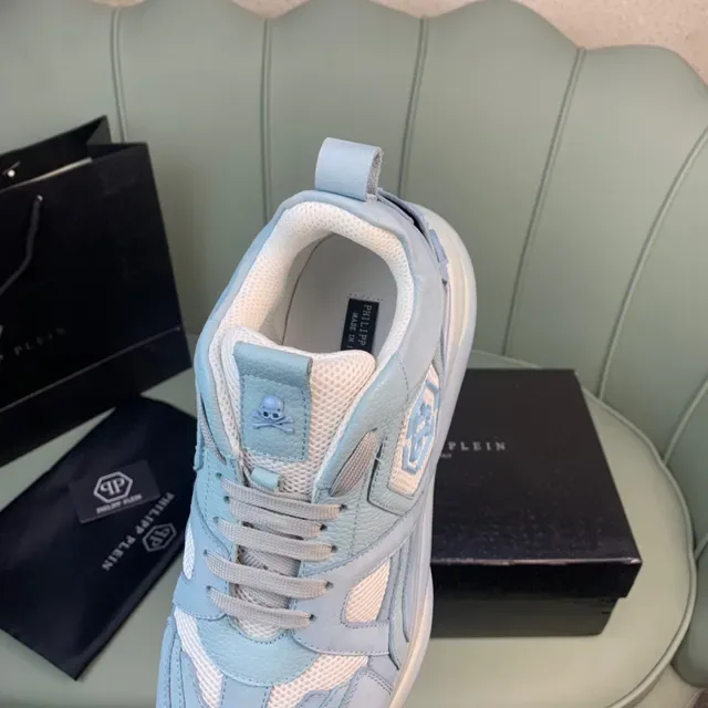 Philipp Plein Embellished Light Blue Leather-Mesh Sneakers 6