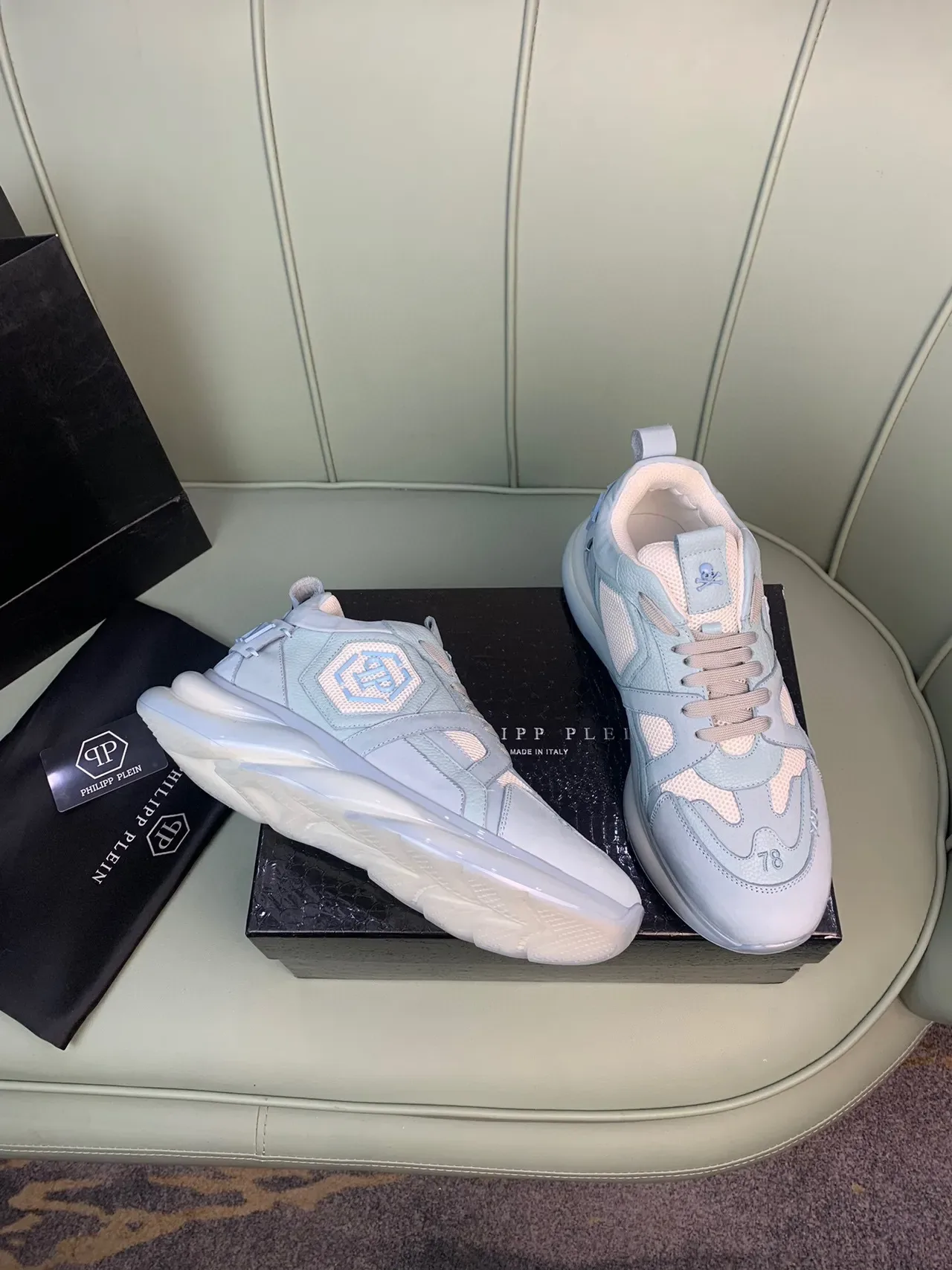 Philipp Plein Embellished Light Blue Leather-Mesh Sneakers 7